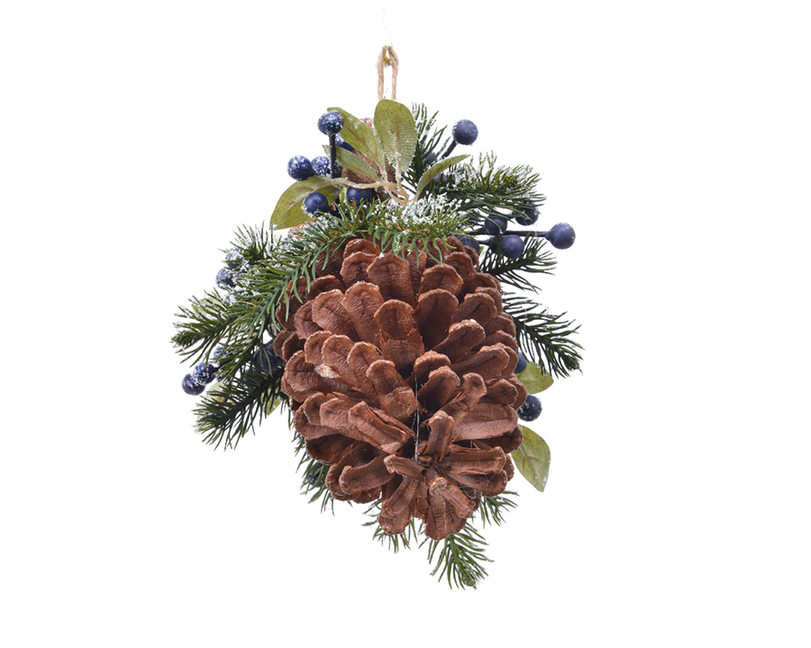 KMG Frosted Pinecone Hanger with Blueberries