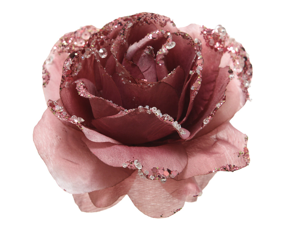 Kaemingk Rose On Clip With Glitters Velvet Pink