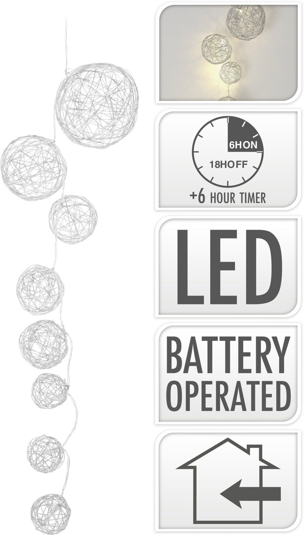 Koopman 90cm Garland W/8Warm White LED Silver Wire